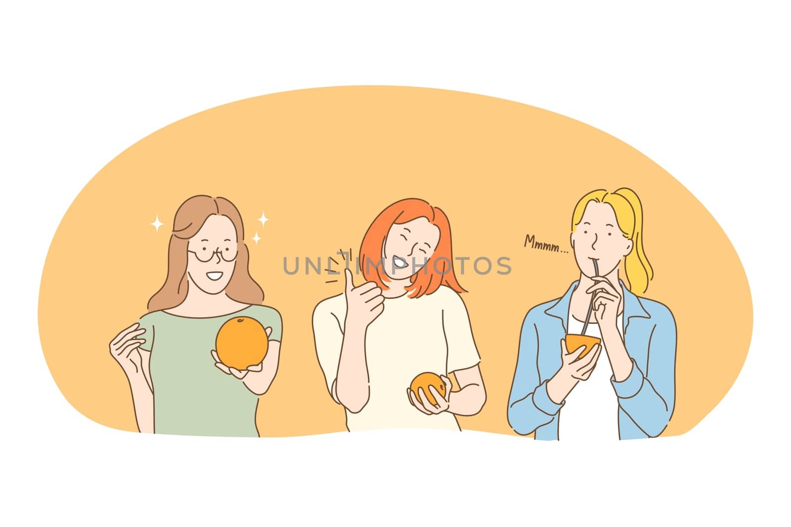 Healthy food, clean eating, vegetarian diet concept. Young positive woman eating fresh orange and drinking freshly squeezed orange juice from straw enjoying vegan diet. Wellness, healthy lifestyle