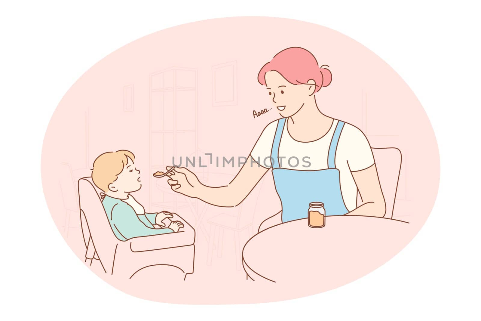 Motherhood, love of Mother, parenthood and childhood concept. Young positive woman mother cartoon character sitting feeding her small son with spoon at home vector illustration