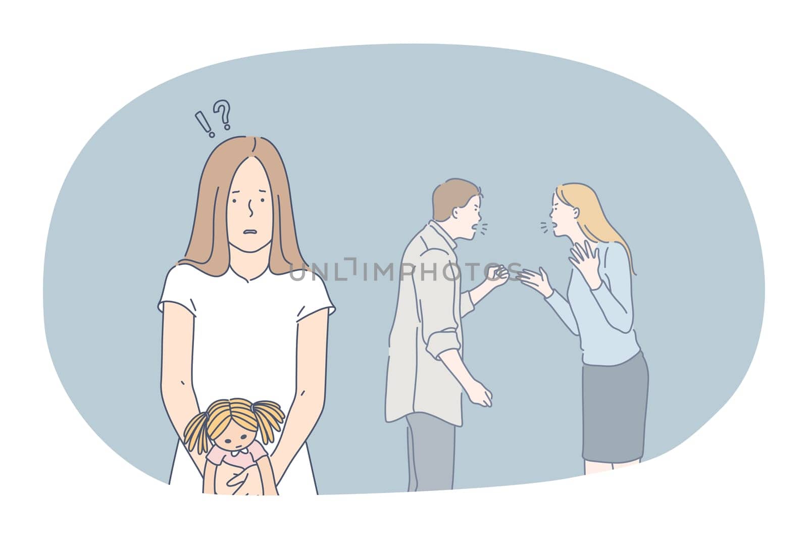 Scandal, fight, quarrelling concept. Young unhappy girl daughter standing feeling lost with shouting at each other parents at home at background. Having problems with mutual understanding