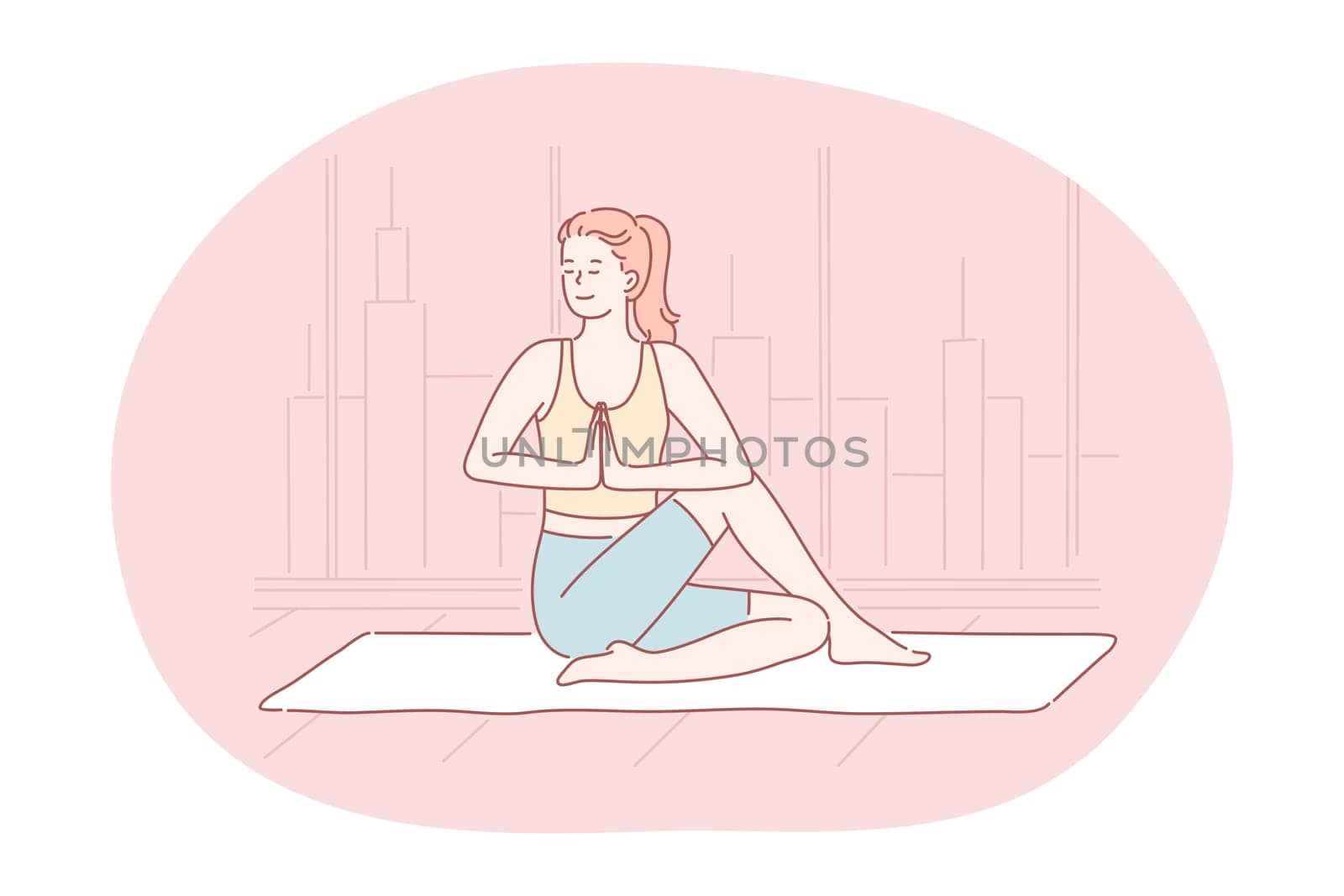 Yoga, meditation, healthy active sport lifestyle concept. Young smiling woman in sportswear sitting in asana on fitness mat, practicing yoga, relaxing and meditating. Fitness, relax, harmony, peace
