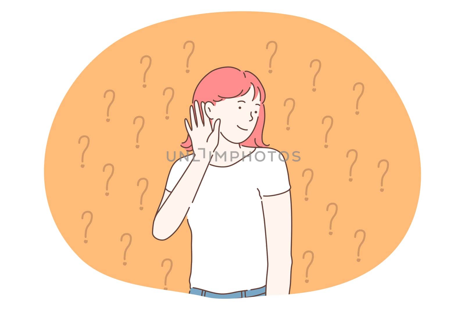 Frustration, doubt, searching for decision concept. Young girl cartoon character standing and expressing frustration with difficult situation trying to find solution and listening to noises