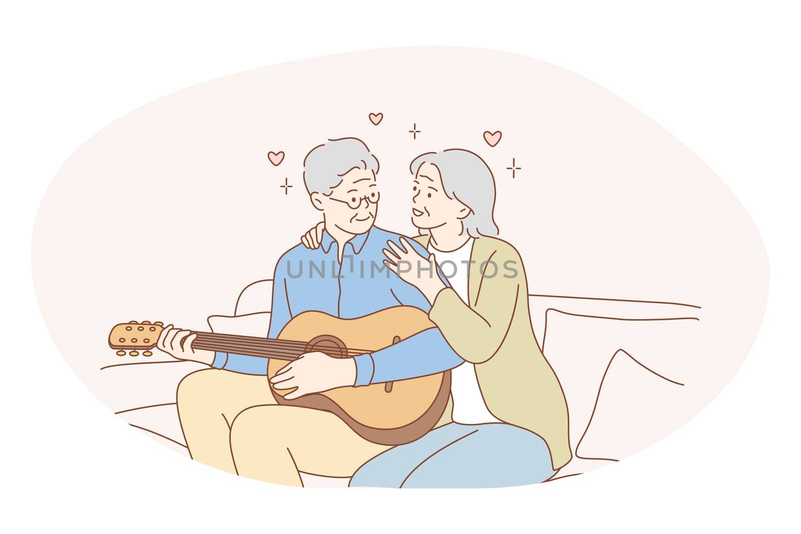 Senior elderly couple living happy active lifestyle concept. Happy mature loving couple pensioners woman and man sitting, playing guitar and feeling love to each other. Retiree, pensioner happiness