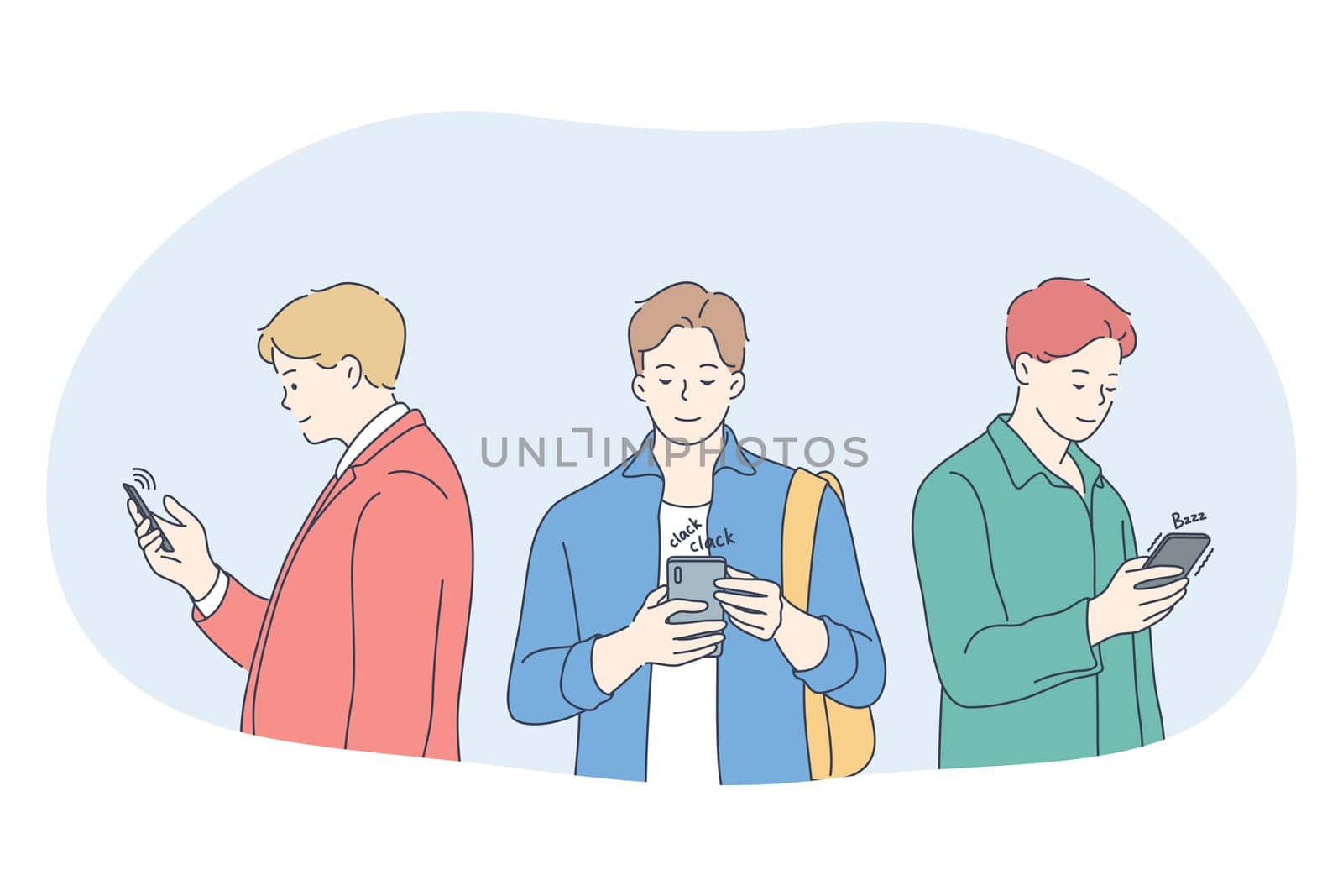 Smartphone, online communication, chatting concept. Young men standing with smartphones, chatting, searching information in internet, calling and communicating online vector illustration
