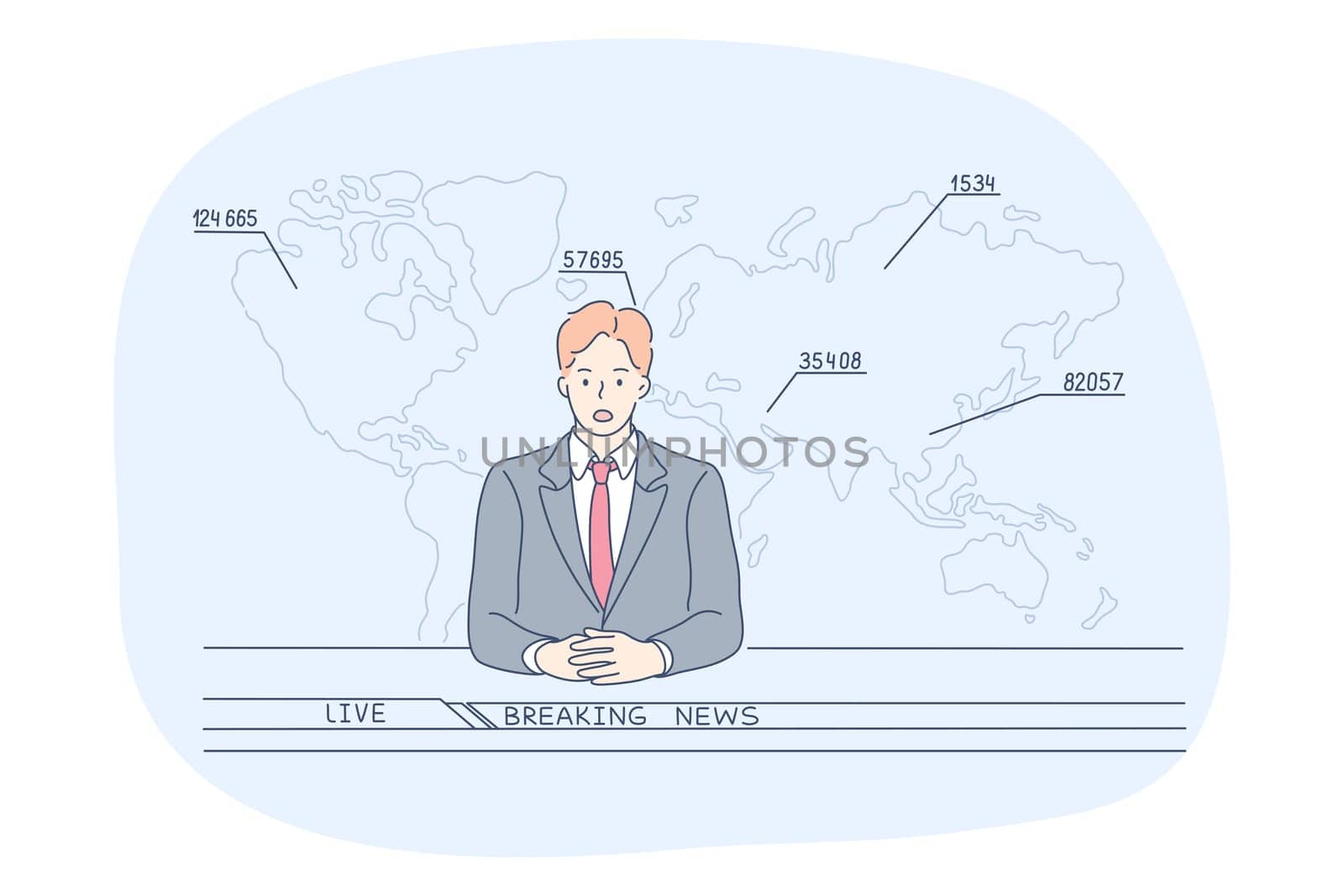 Men working in media, professions, occupation concept. Young man journalist reporter cartoon character sitting recording breaking news on television in studio. Job specialist, working sphere