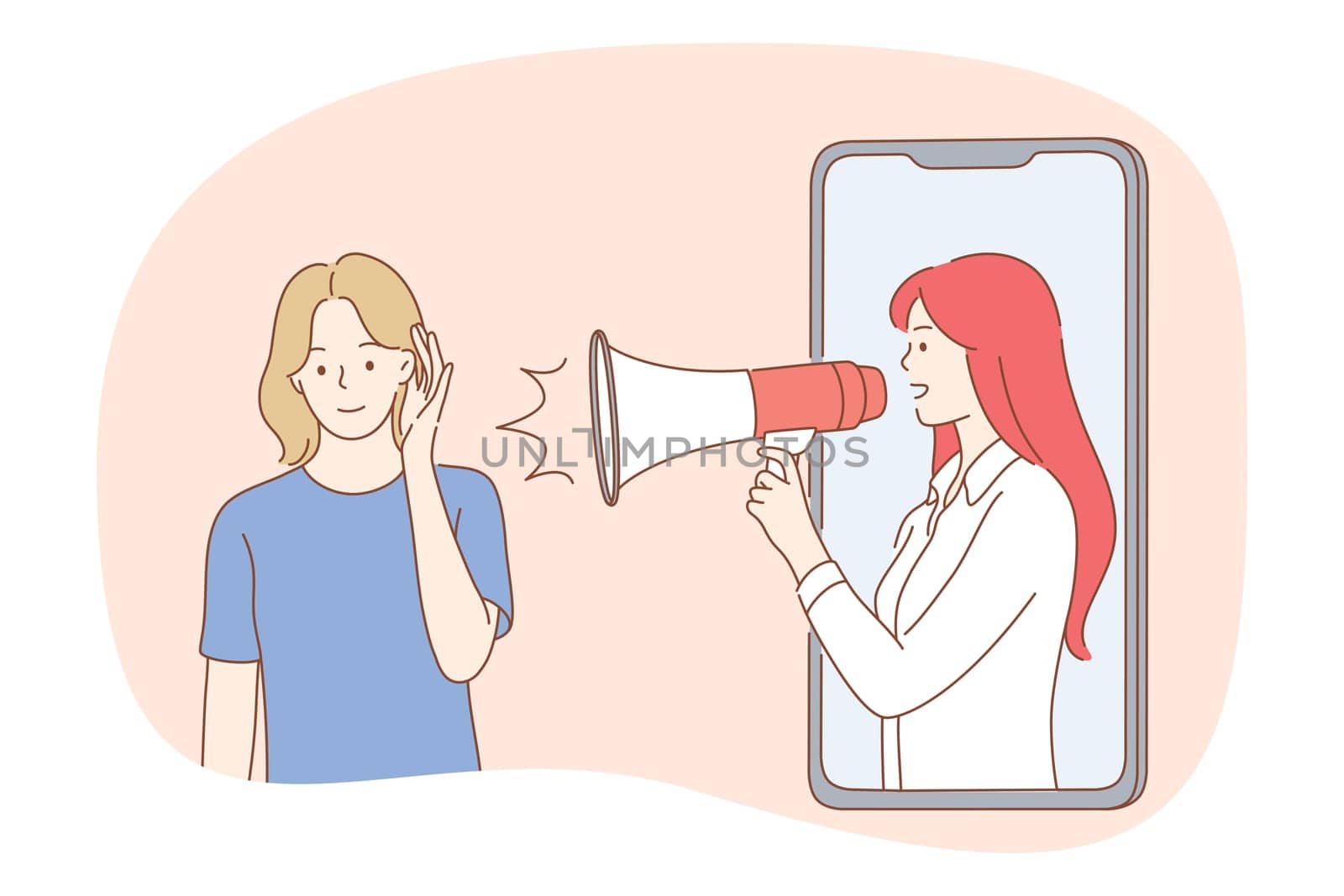 Promotion, campaign, announcement concept. Young smiling woman cartoon character listening to advertisement news made by woman with megaphone from smartphone screen online vector illustration