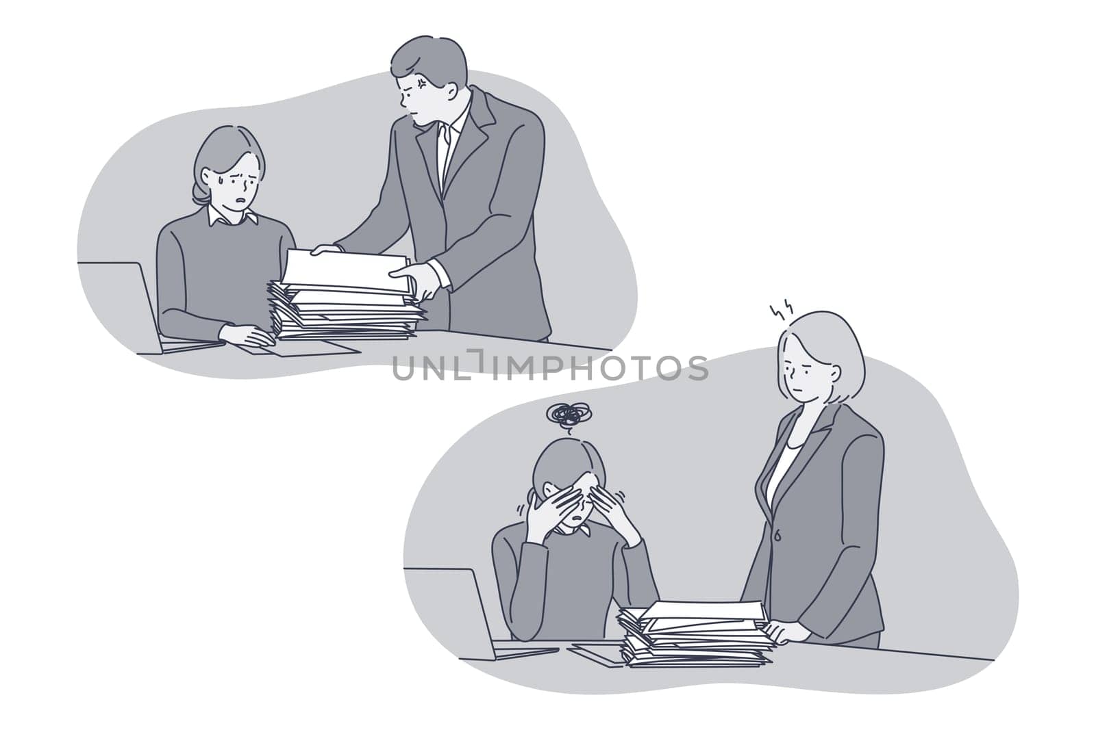 Overwork, burnout, Stress concept. Unhappy depressed stressed young woman office worker getting heaps of new document and tasks and feeling stressed and tired in office. Exhaustion, depression vector