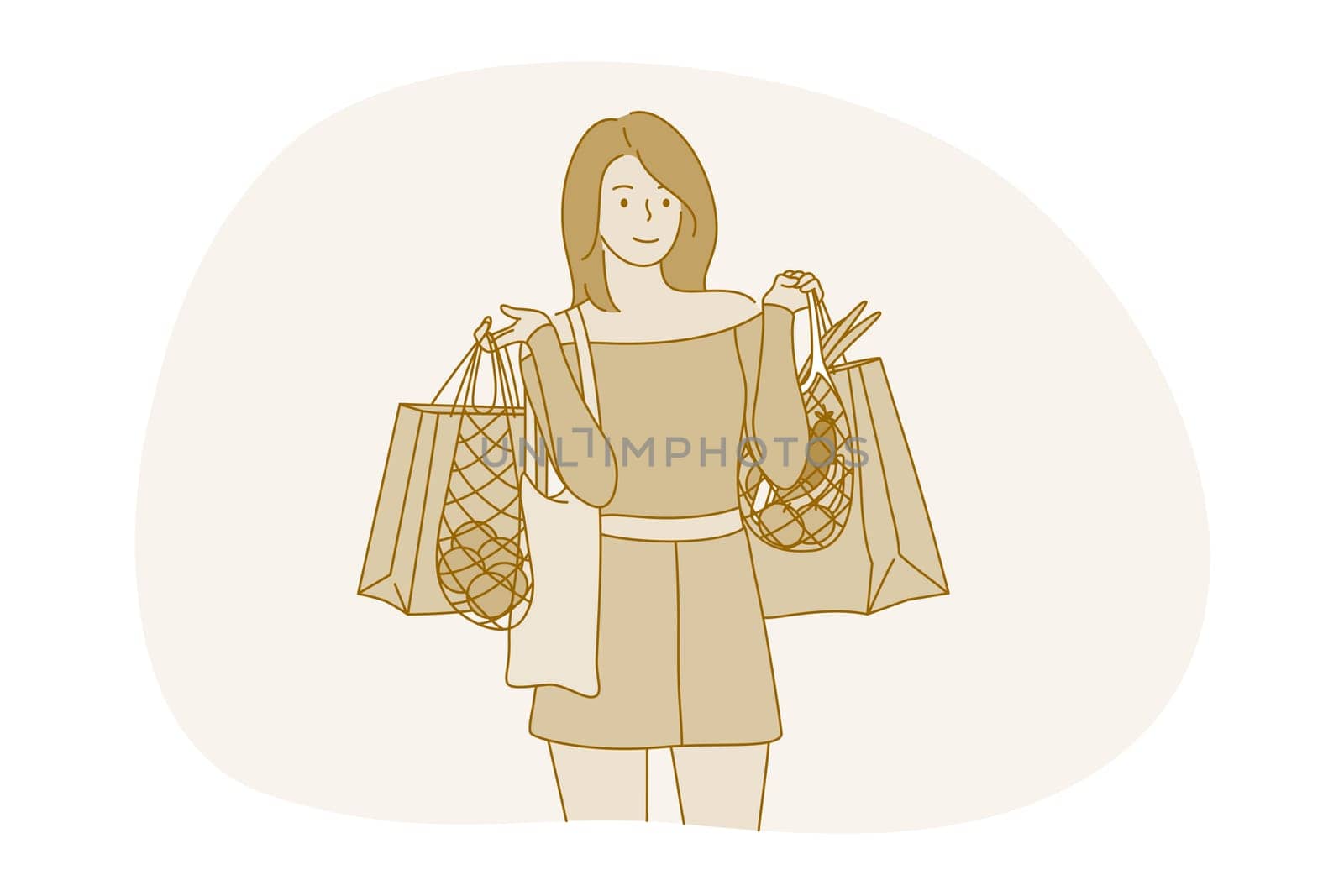 Shopping, fashion, customer concept. Young positive woman cartoon character standing with shopping bags after shopping in boutique, trade centre and grocery store. Style, sales, shop illustration