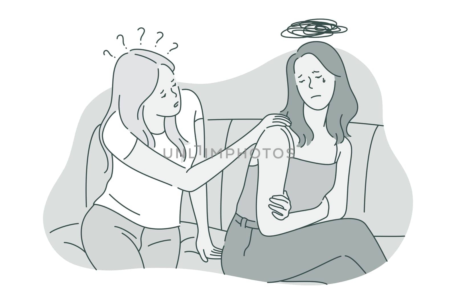 Sadness, grief, mental depression concept. Young unhappy crying woman thinking about bad news suffering from depressed state of mind and getting support from friend illustration