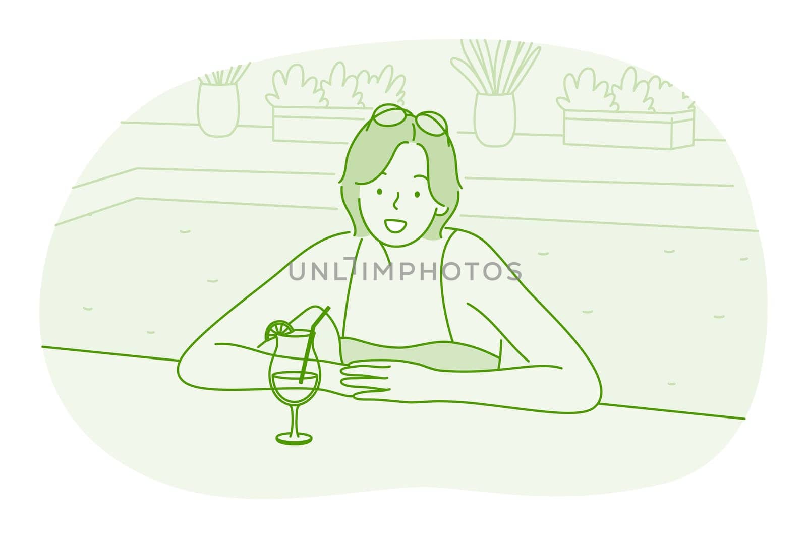 Vacations, holidays, traveling concept. Young smiling woman cartoon character relaxing in swimming pool with cocktail during vacations in summer in hotel vector illustration