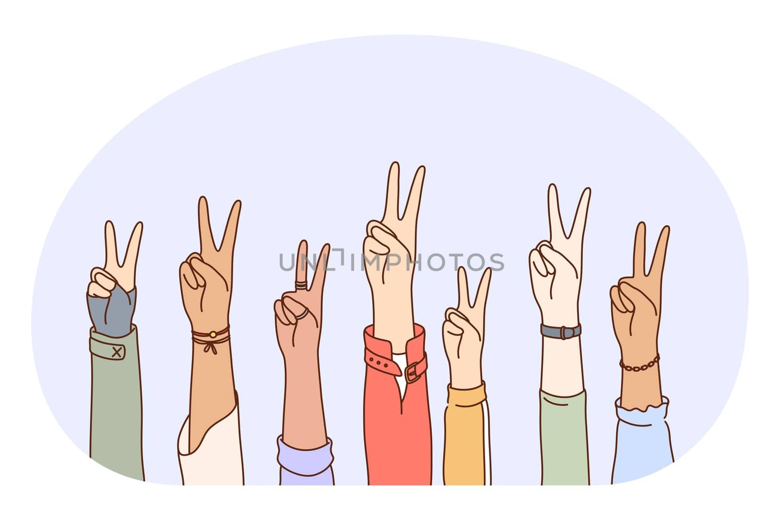 Gesture language, peace ok hand sign concept. Hands of mixed race people showing peace luck positive ok sign with fingers. Teamwork, mutual support, unity, friendship illustration