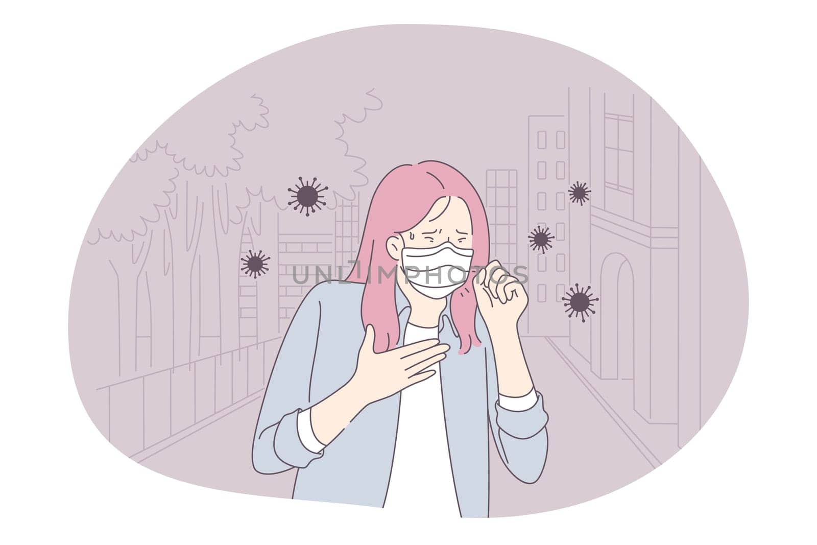 Danger or coronavirus infection epidemic, protective facial mask, pandemic concept. Young woman in medical protective mask coughing and feeling fever in corona bacteria flowing around illustration