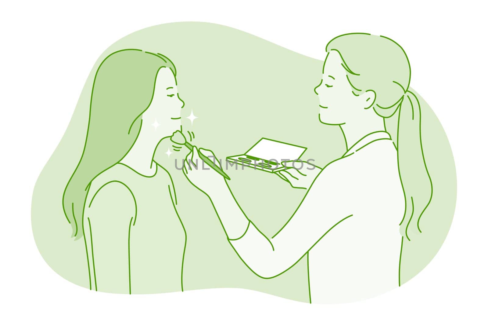 Make up, Beauty, cosmetics concept. Young smiling woman stylist make up artist cartoon character using special brush for applying face powder for female face illustration. Dermatology, cosmetology