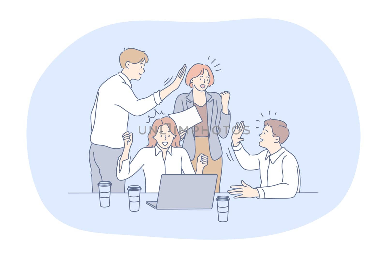 Success, teamwork , business development concept. Happy young business people partners sitting in office with laptop and celebrating success in project with handshaking and positive emotions in team