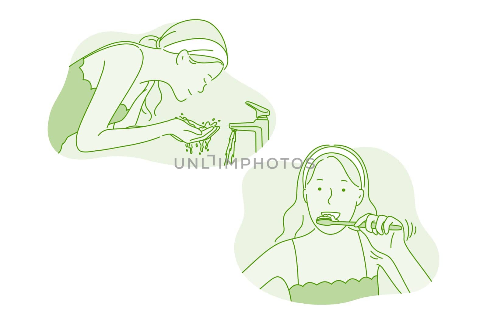 Beauty, dental care, hygiene concept. Young smiling woman cartoon character using toothpaste for mouth and tooth hygiene and cleaning face with water at home. Dental care, wellness