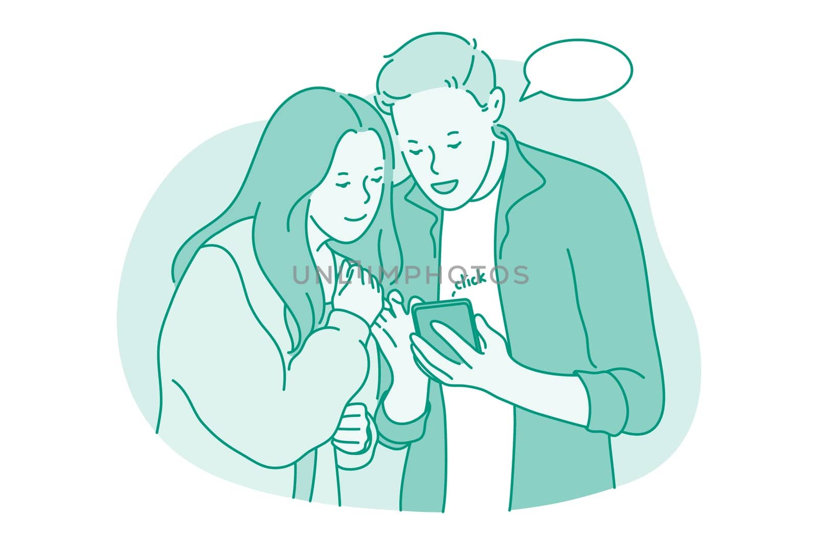 Online communication, Smartphone, chatting concept. Young couple standing looking at smartphone together, chatting, searching information in internet, calling, dating or communicating online