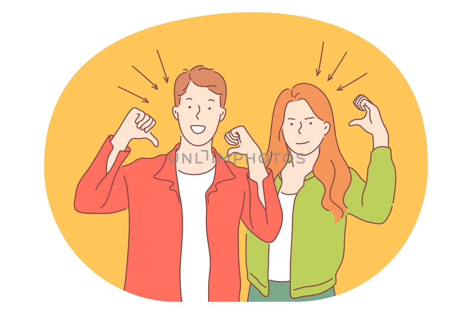 Sign language, gestures, hands communication concept. Young smiling couple cartoon characters standing, pointing on themselves with fingers showing strength and power
