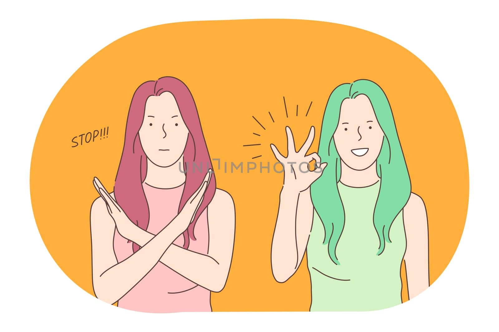 Sign language, gestures, hands communication concept. Young smiling girl cartoon character standing and expressing stop refusal and good ok signs with fingers vector illustration