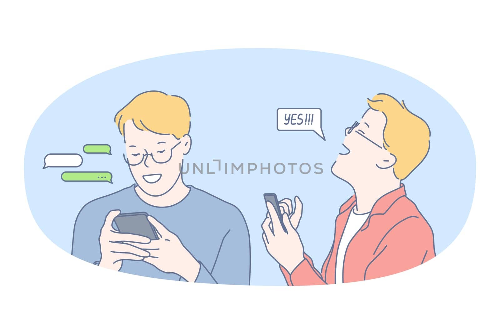Smartphone, online communication, chatting concept. Young smiling man standing with smartphone in hands, chatting, searching information in internet, calling, dating or communicating online