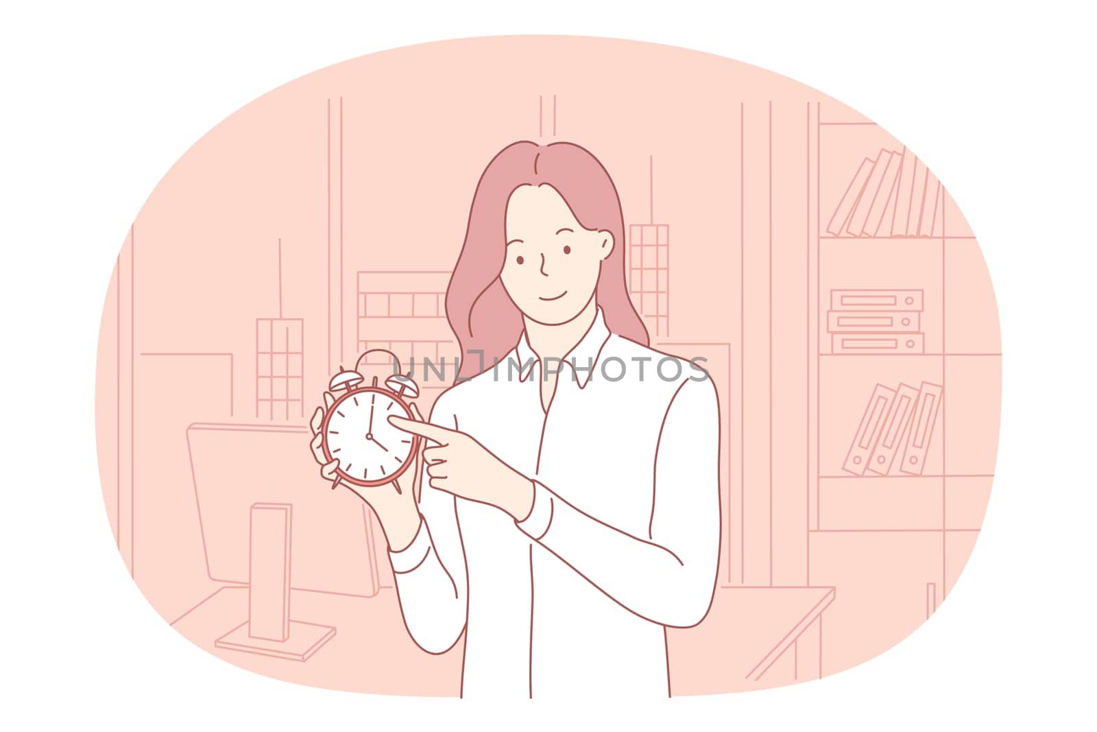 Time management, deadline, punctuality concept. Young smiling woman office worker standing and pointing on alarm clock meaning punctuality and being on time on work vector illustration
