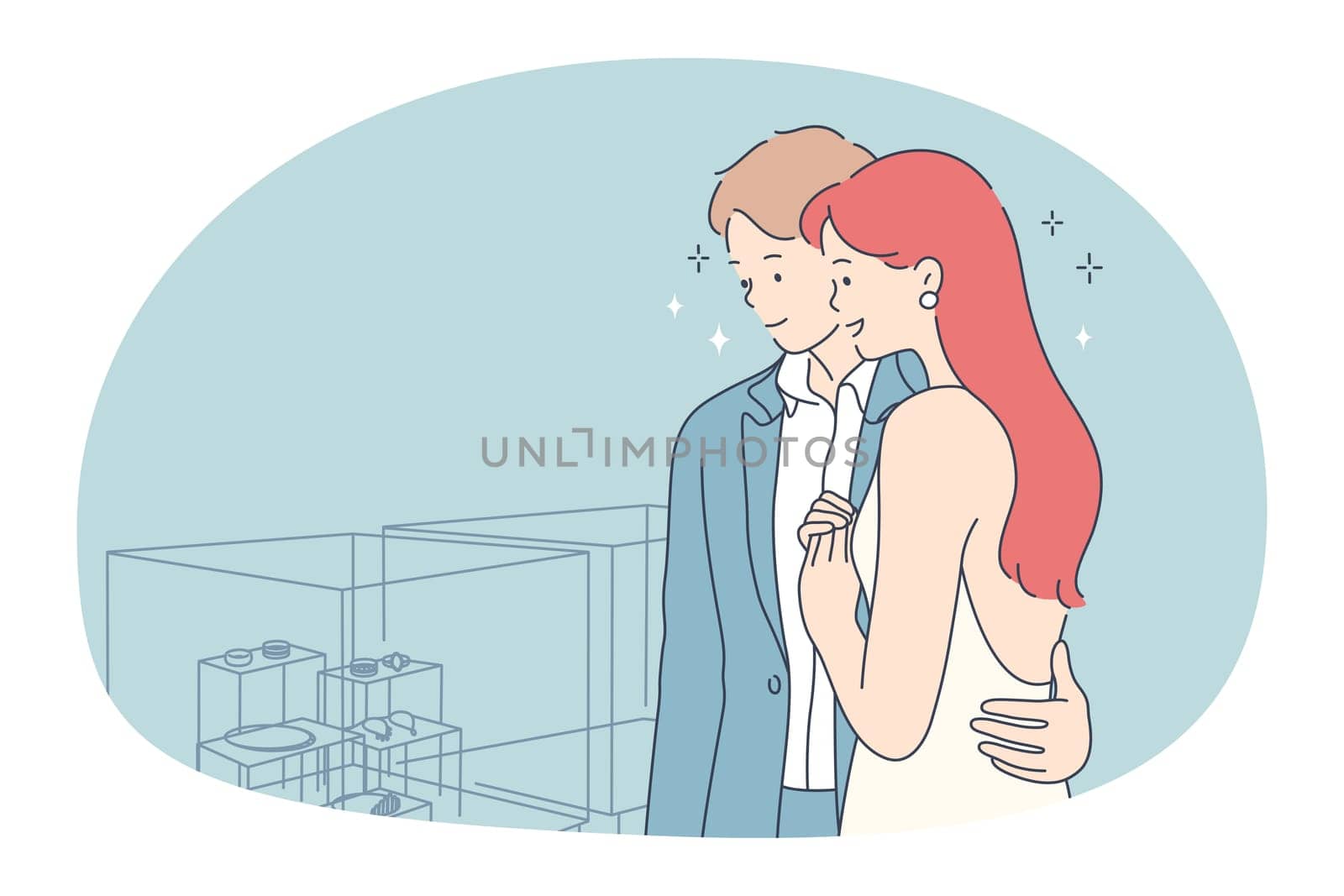 Engagement ring, proposal, marriage concept. Young happy couple on love bride and groom standing hugging and choosing engagement rings in jewellery store together vector illustration