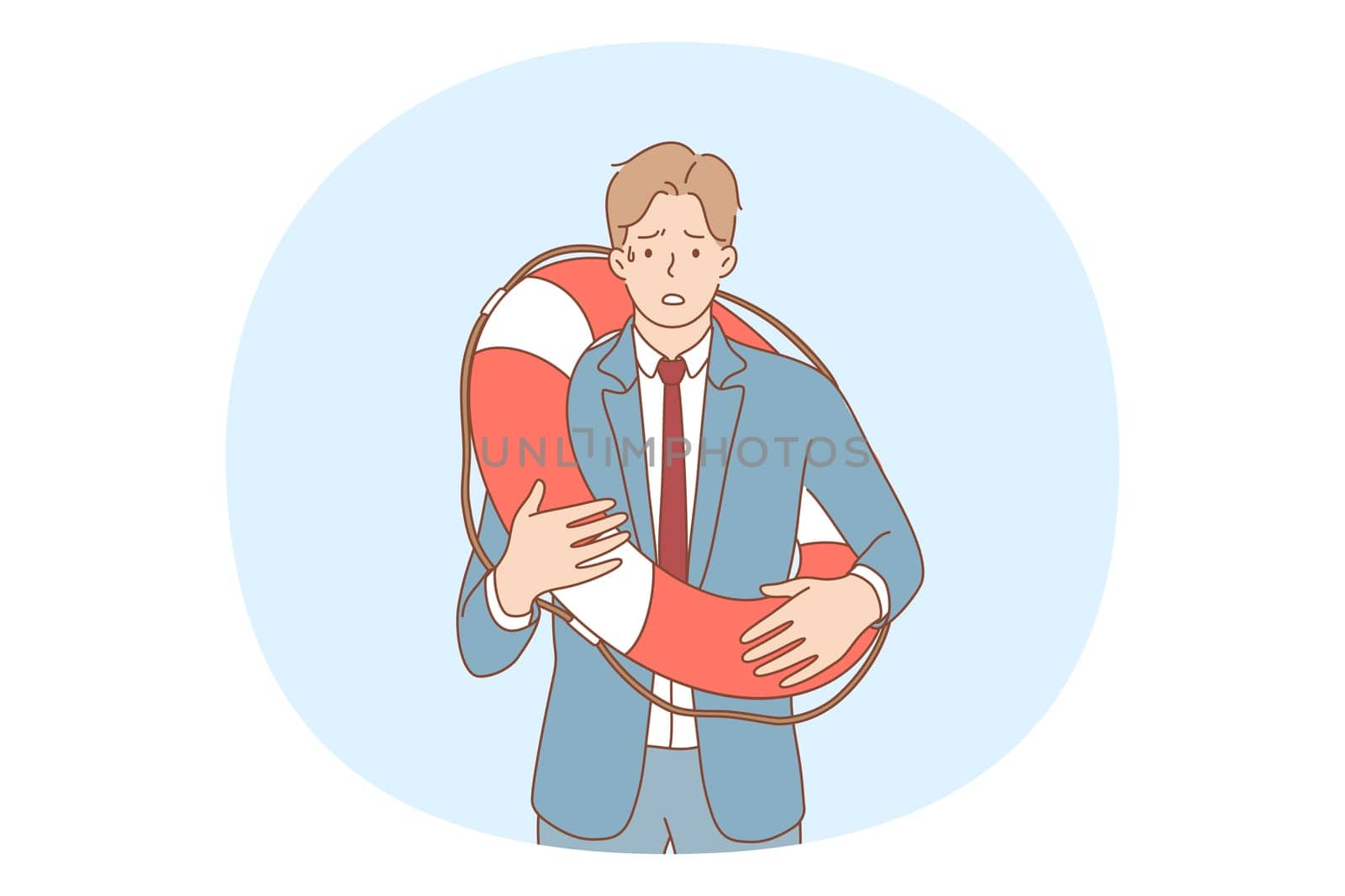 Business crisis, bankruptcy, failure in career concept. Young frustrated businessman cartoon character in suit standing in lifebuoy on body and feeling depressed vector illustration