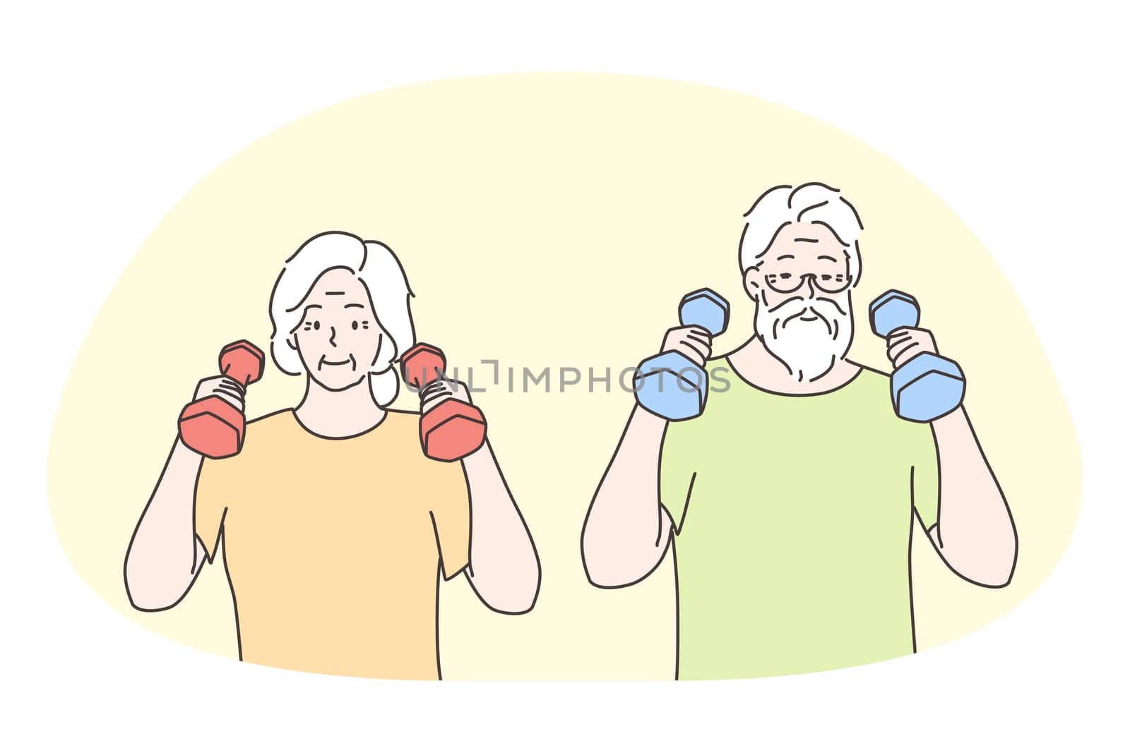 Senior elderly couple living happy active lifestyle concept. Mature aged couple grandparents cartoon characters doing workout with dumbbells and enjoying time and love together. Fitness, sport, train