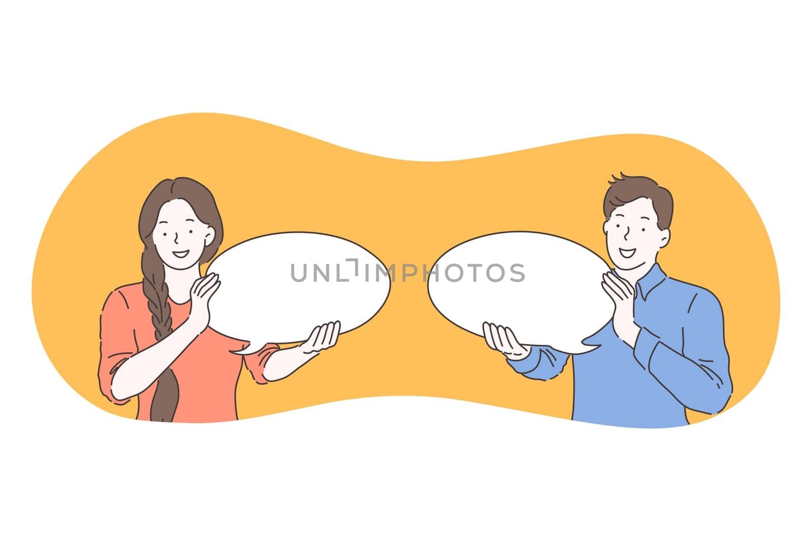 Communication, connection, chat concept. Young smiling woman and man cartoon characters holding white speech message chat bubble signs in hands. Online communication, message, reply, conversation