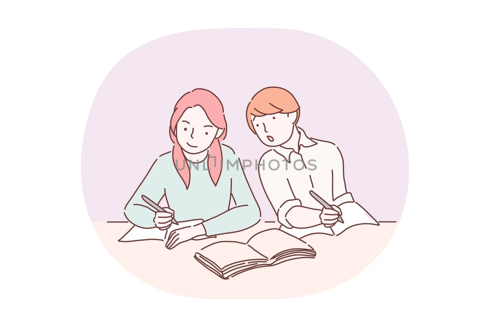 Exam, school, learning, education, curiosity concept. Boy pupil cartoon character sitting and trying to look at girl classmates notebook to know right answers during exam in school illustration