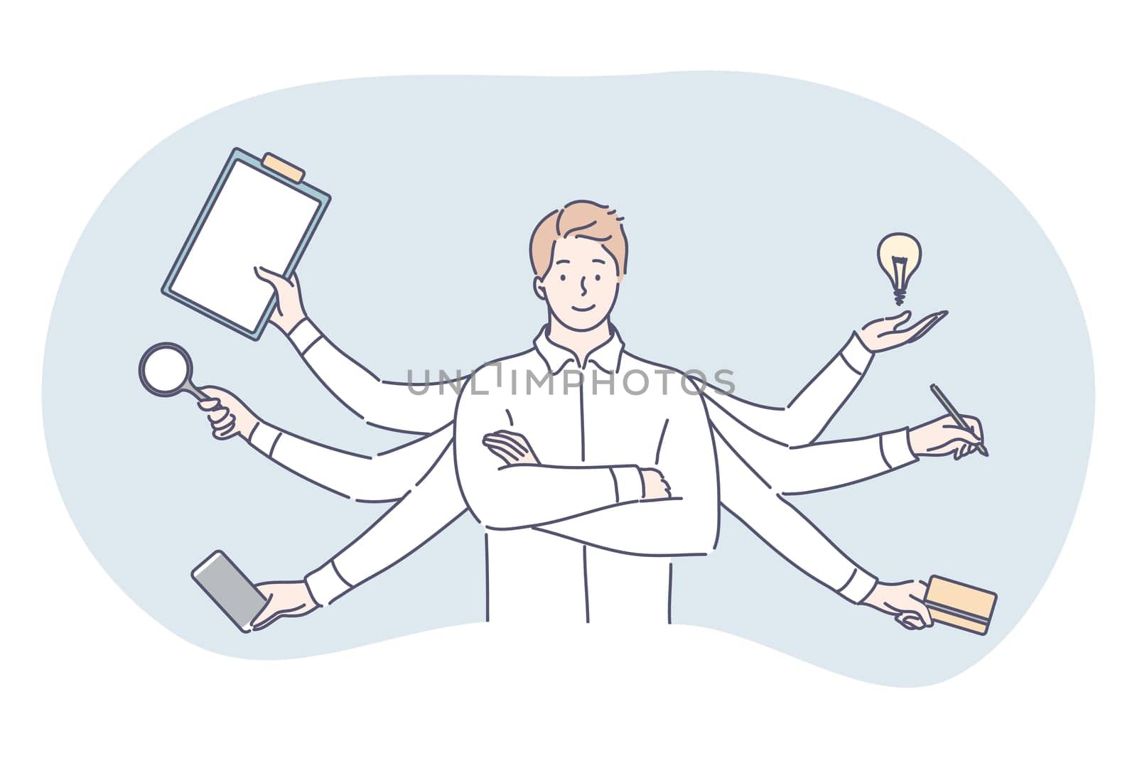 Multitasking, business efficiency, management concept. Effective executive overload businessman professional clerk competent manager leader character workaholic standing with many hands illustration.