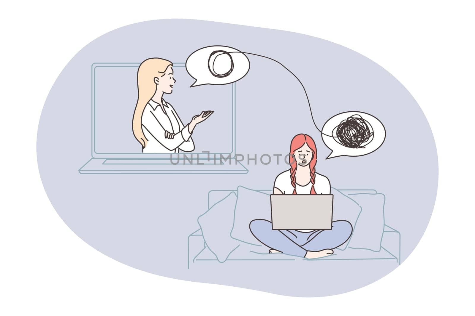 Psychology, depression, anxiety concept. Doctor making psychological consultation for depressed frustrated patient with mental stress online. Wireless therapy support and healthcare illustration.