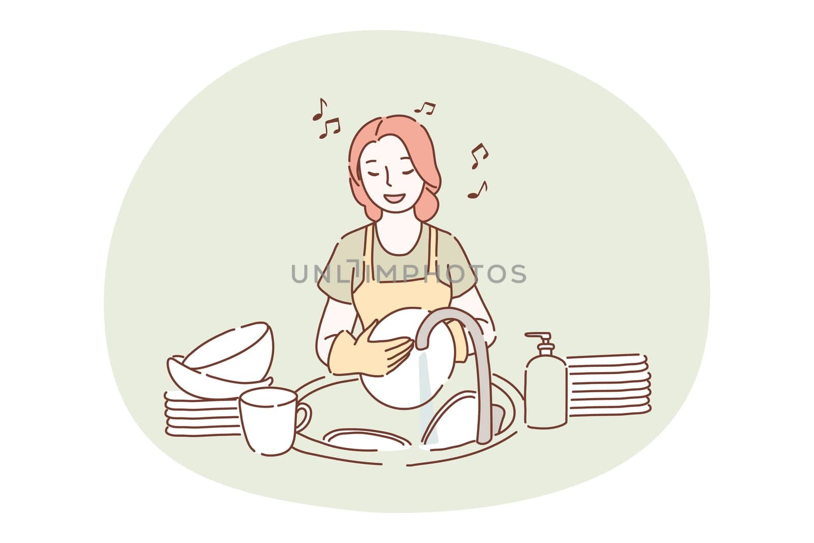 Washing dishes, housework, cleaning concept. Young smiling woman cartoon character in apron and gloves standing, washing heap of dishes in sink in kitchen and singing song alone. Maid, housekeeper