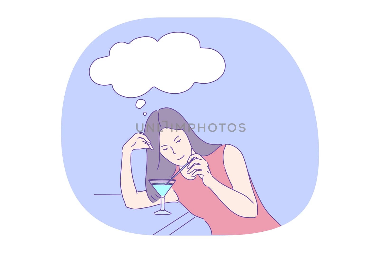 Alcohol cocktail, drinking in nightclub or bar, thinking during drink concept. Young pretty woman in dress sitting at bar counter, drinking martini refreshing cocktail and thinking alone
