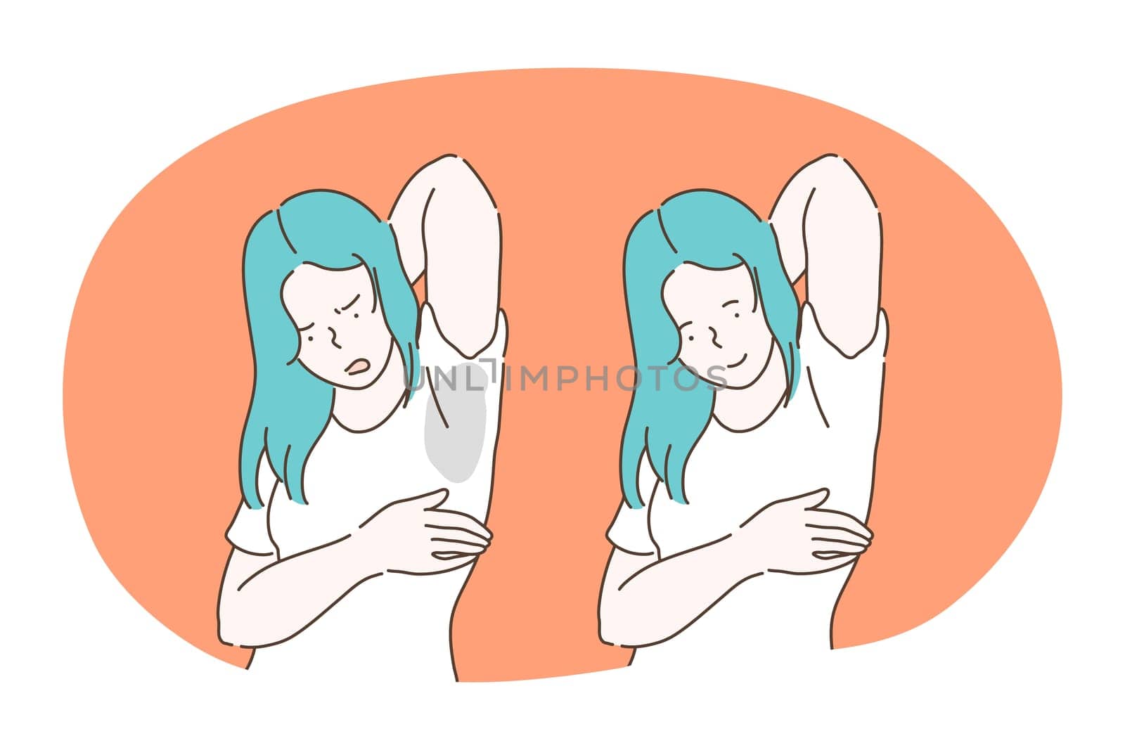 Sweating, unpleasant smell in armpits, using deodorant concept. Young woman cartoon character feeling frustrated having sweating wet pot under arm on t-shirt and feeling happy with clean dry armpit