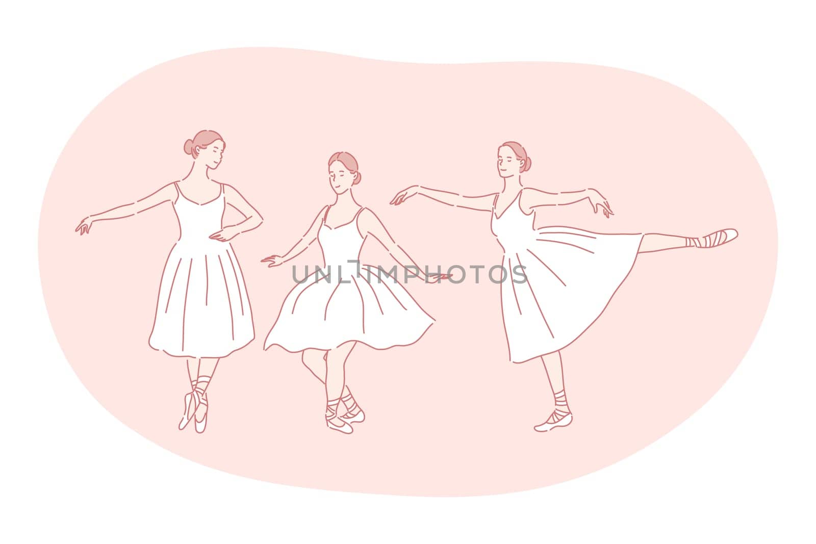 Ballerina, ballet, dance performance in theatre concept. Young woman ballerina cartoon character in white classical dress dancing and moving during training in class. Elegance, dancer, classic dance