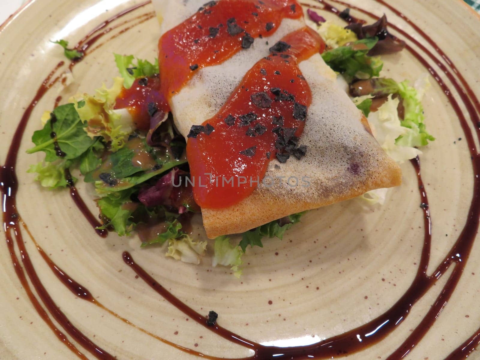 delicious salad with crispy jerky cheese tasty tomato