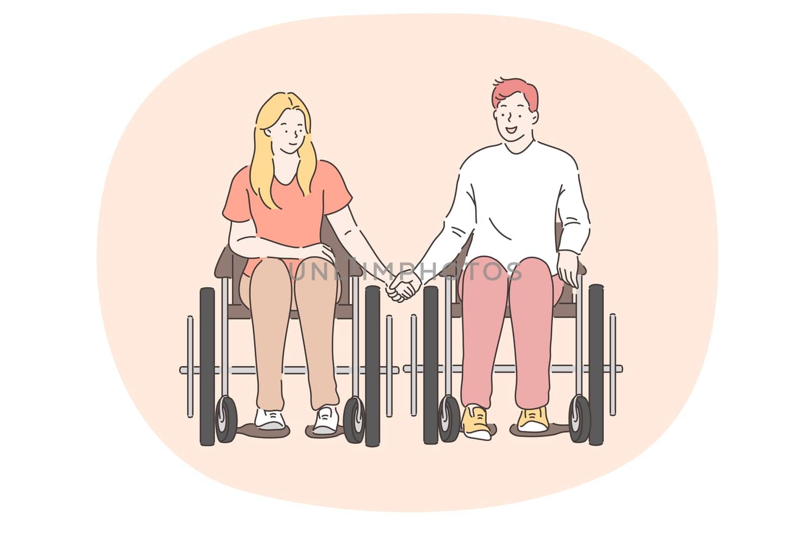 Disabled people on wheelchair living happy active lifestyle concept. Young disabled happy couple cartoon characters in wheelchair sitting and holding hands vector illustration