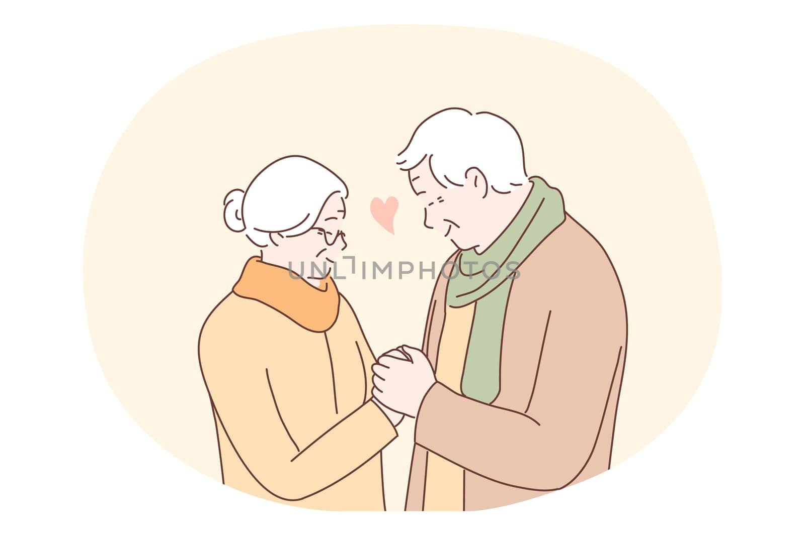 Senior elderly couple living happy active lifestyle concept. Mature aged couple grandparents cartoon characters standing, holding hands and looking at each other with love and tenderness