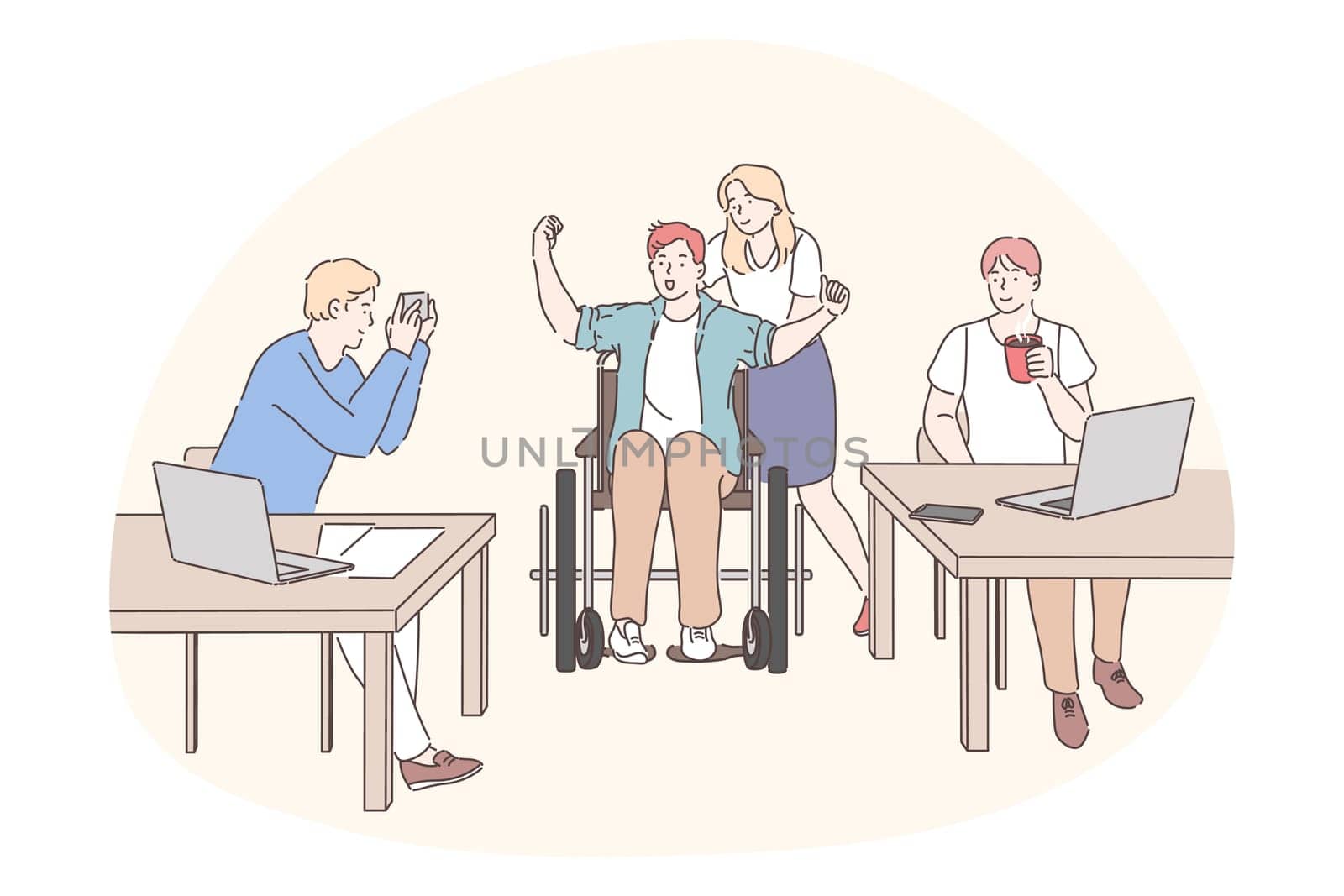 Disabled people on wheelchair living happy active lifestyle concept. Young business partners office workers cartoon characters supporting colleague boy in wheelchair in office