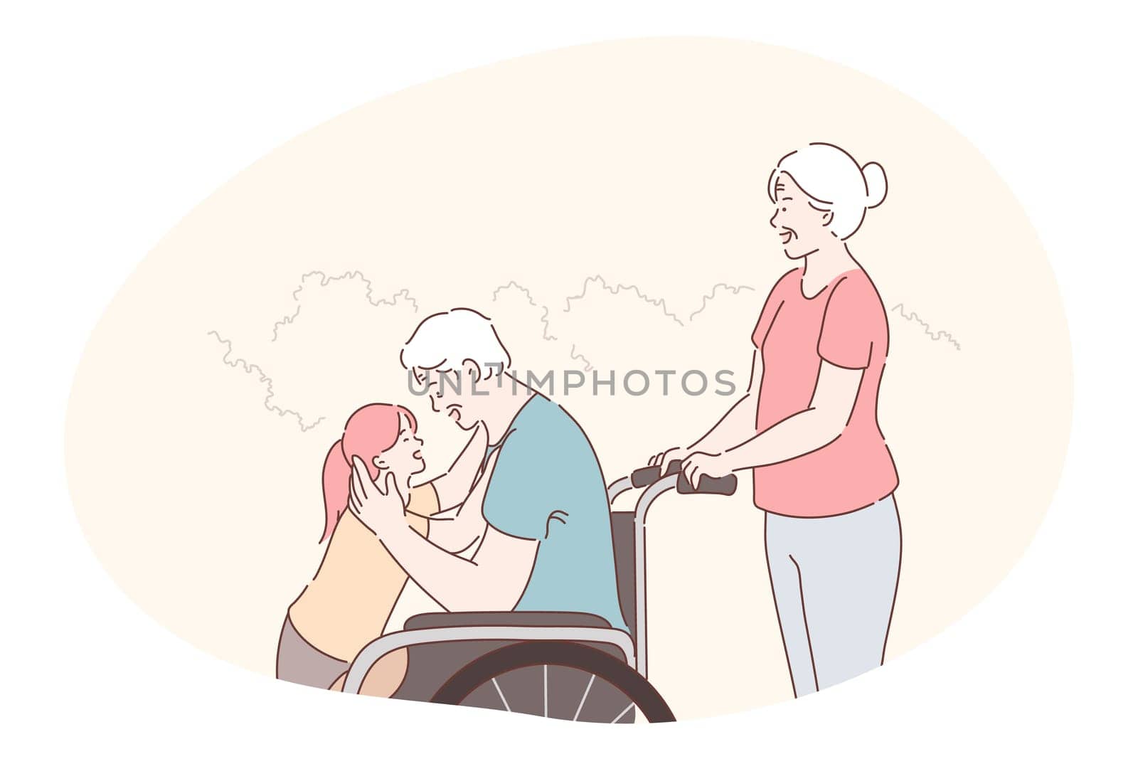 Disabled people on wheelchair living happy active lifestyle concept. Smiling disabled elderly man grandfather cartoon character in wheelchair embracing his granddaughter with loving wife behind
