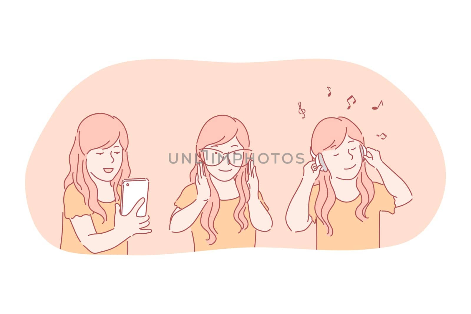 Online, smartphone, headphones, modern technologies concept. Positive girl teen cartoon character enjoying using smartphone and listening to music in headphones connected to phone vector illustration