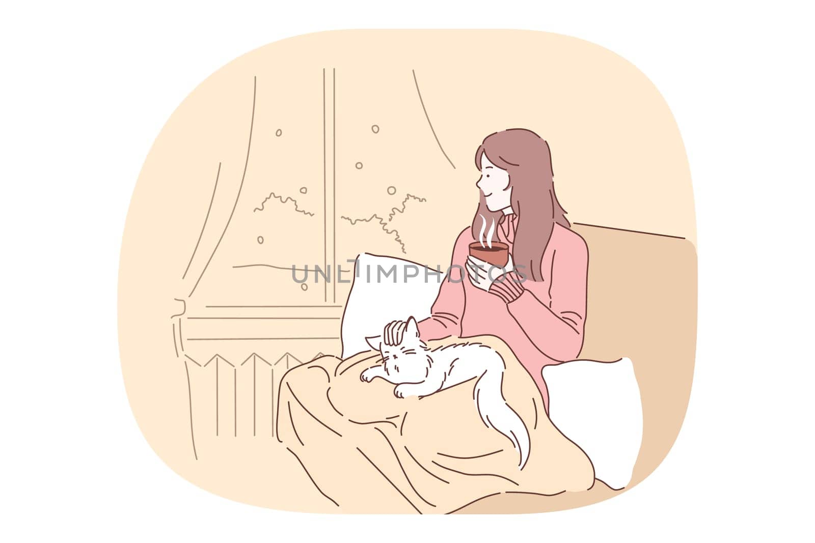 Comfort, rest, cozy relaxation with cat and hot tea in bed at home concept. Young smiling girl drinking tea or coffee in bed, petting cat and relaxing looking at window at home