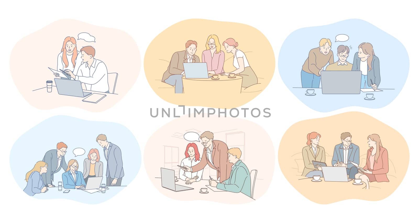 Negotiations, teamwork, brainstorming, collaboration, business, development, success concept. Young business people partners coworkers cartoon characters discussing projects in office together