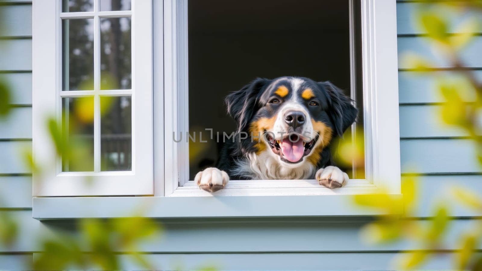 The dog wants to go for a walk. Scottish mountain dog looks out the window of the house. In the yard, there are fresh spring foliage on the trees. High quality photo