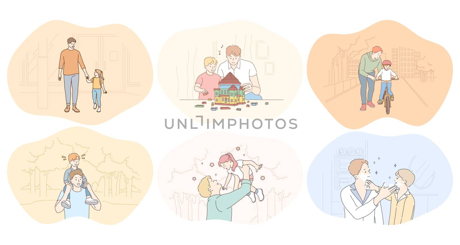 Father and child, fathers day, activities with children concept. Young men fathers walking in park, playing, having fun, building toy house, communicating and teaching children vector illustration