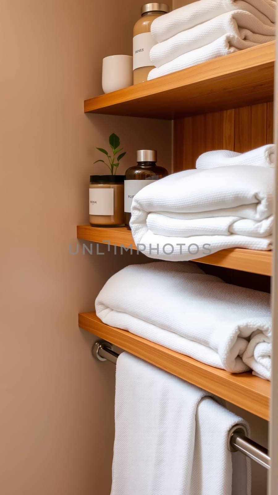 Spa treatment set, wooden shelf with neatly folded towels and dispensers for soap, cream, massage oil. High quality photo