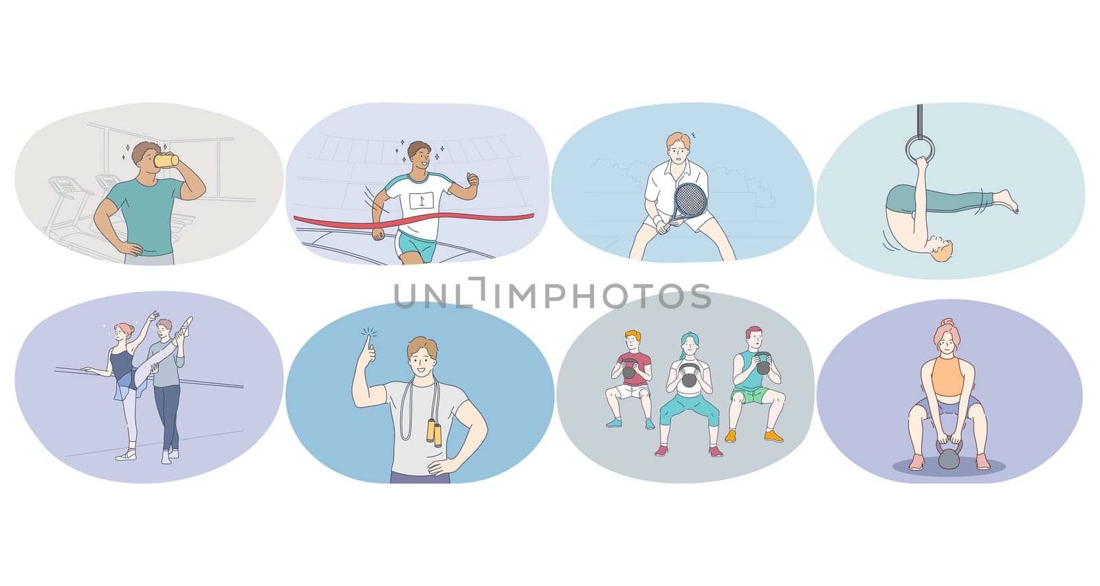 Professional sport, workout, training concept. Young people athletes training and practicing running, tennis, athletics, gymnastics, lifting weights, workout in gym and ballet in studio. Active life
