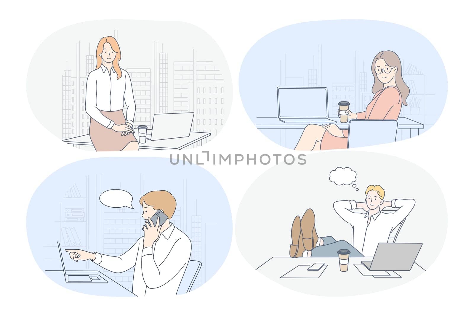 Working in office, laptop, modern company interior, startup, online communication concept. Young woman and man cartoon characters sitting on workplace, working on notebooks, communicating, thinking