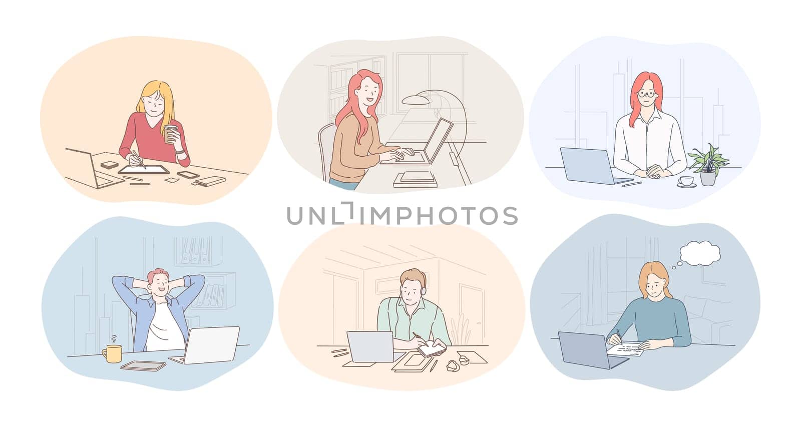 Working in office, laptop, online communication, freelance, startup concept. Young women and men office workers cartoon characters working on notebooks, communicating, generating ideas for business
