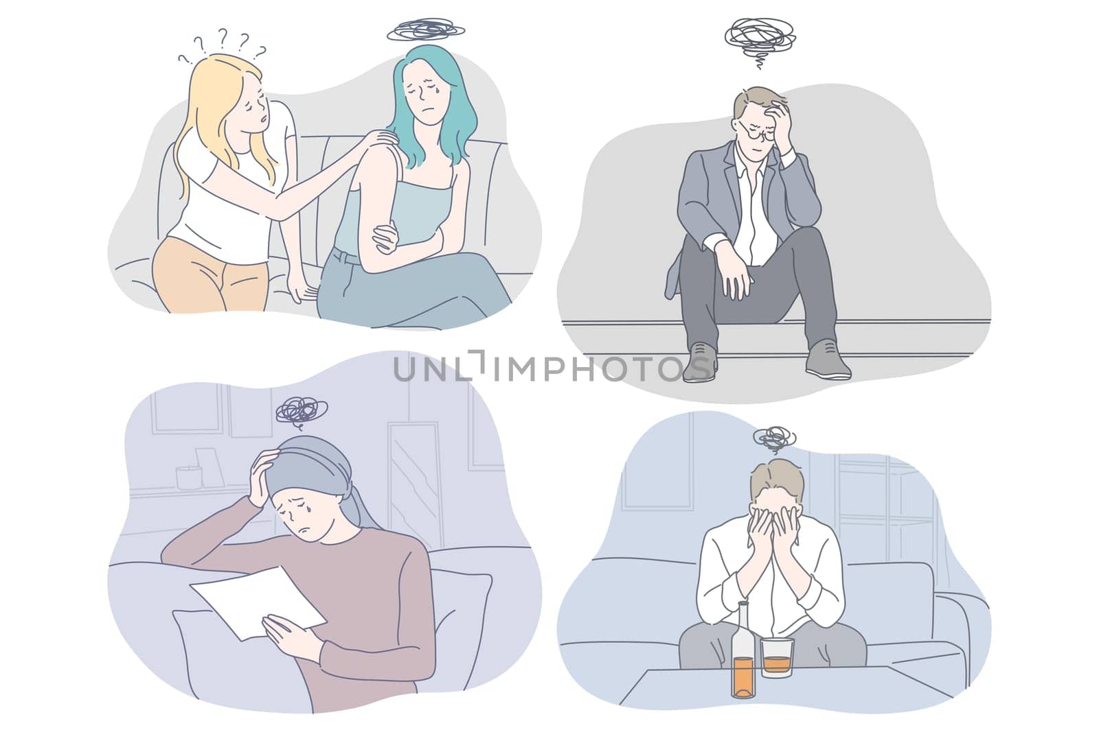 Sadness, stress, loneliness, mental depression, bad news, grief, breaking up concept. Young unhappy people feeling depressed with thoughts after negative events, crying, drinking alcohol, suffering