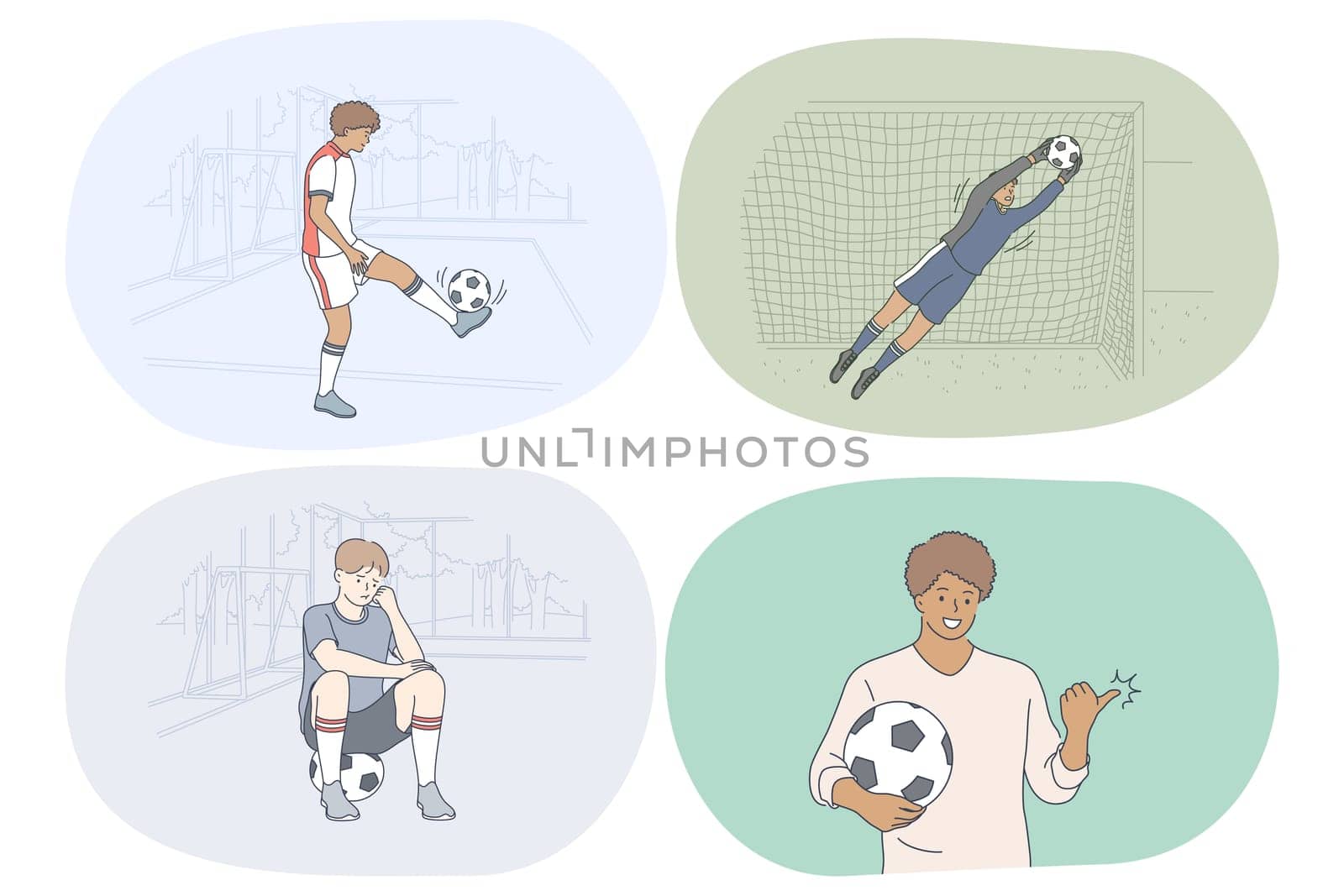 Professional football player, soccer ball and match concept. Young men football players and goalkeepers training and practicing skills on field during workouts. Sport, athletics, team sport vector